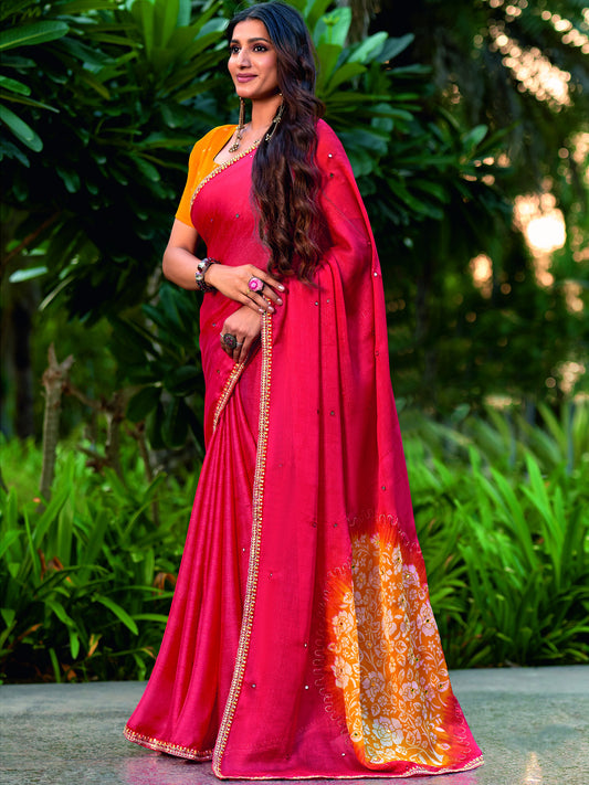 Red embroidered chiffon saree with mustard blouse piece