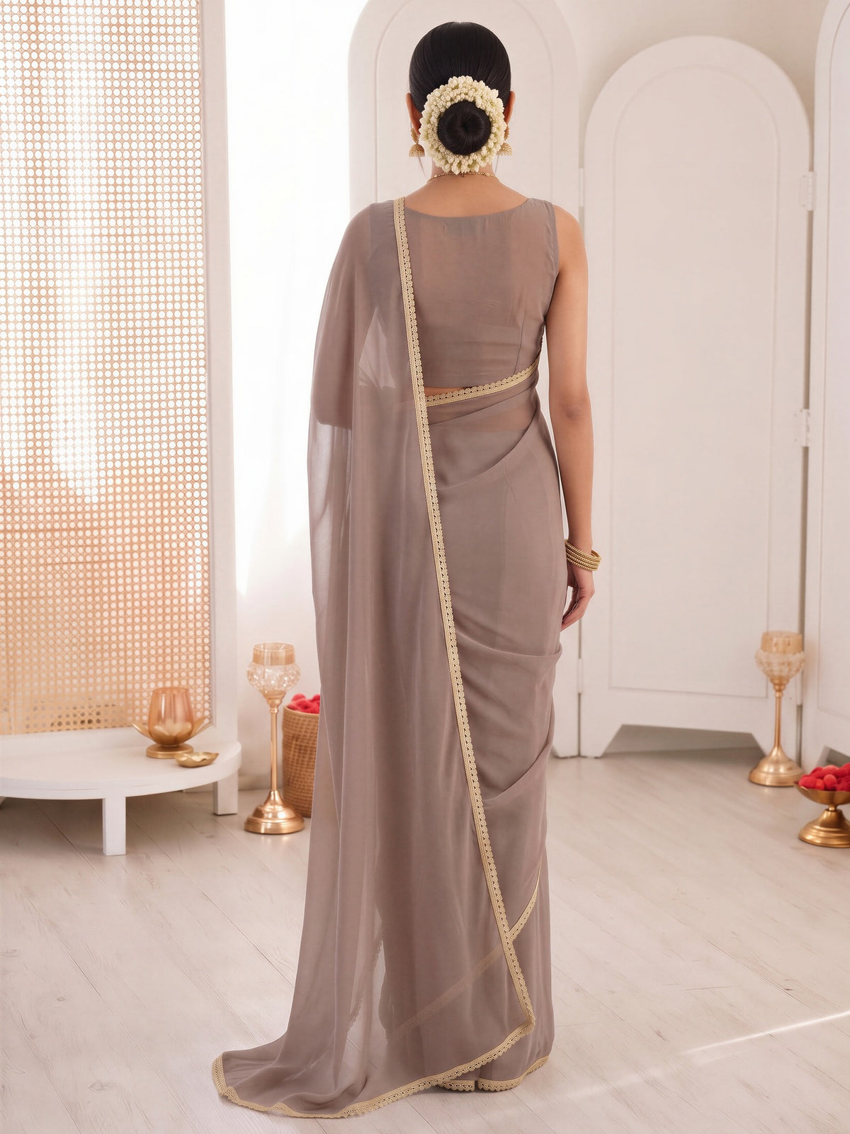 Grey satin silk saree view 1
