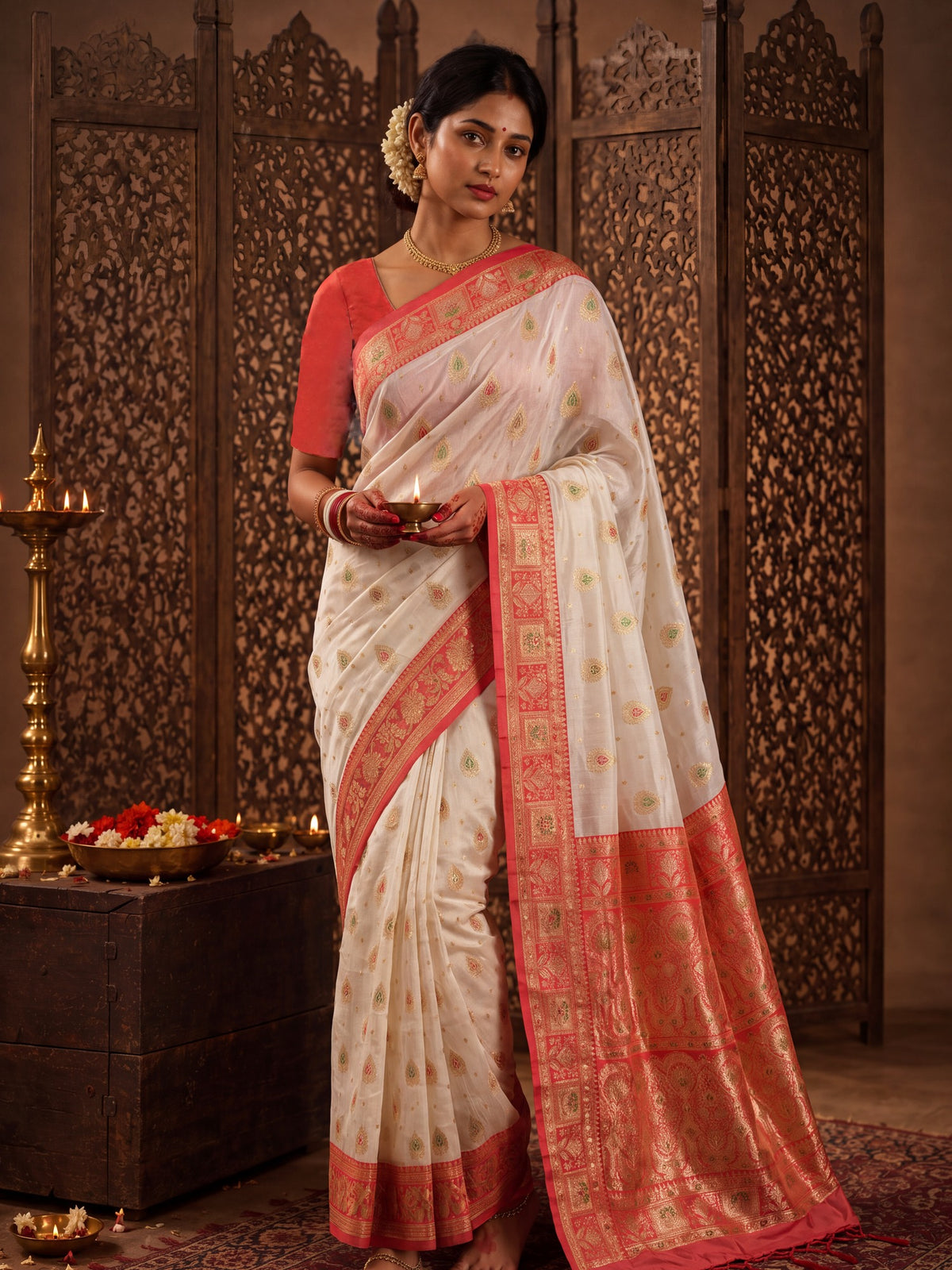 Woman wearing white banarasi silk saree with zari butta (metallic motif) work and red blouse