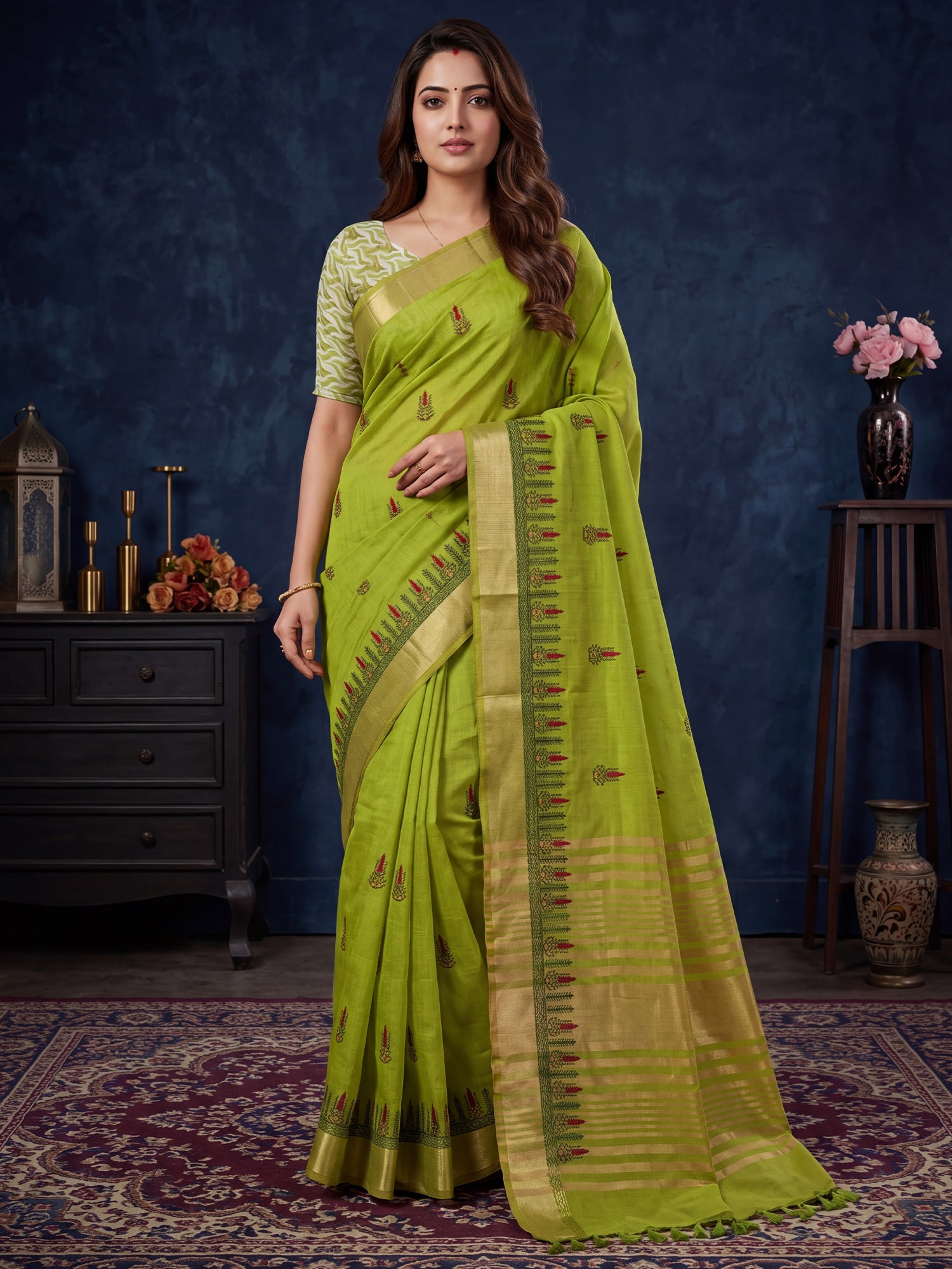Woman wearing lime green cotton linen saree with embroidered motif work and lime green blouse