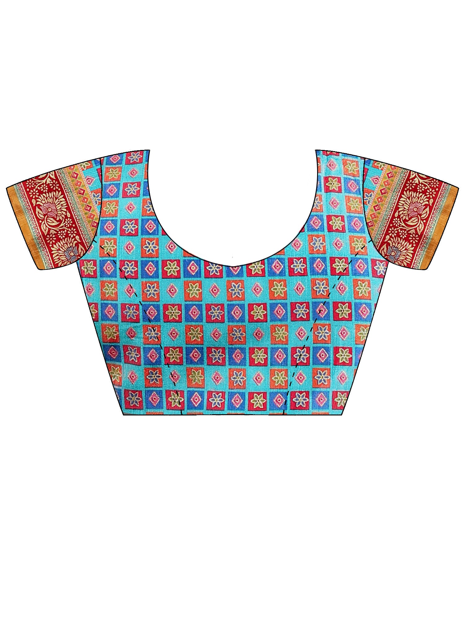 Unstitched turquoise blue silk blend blouse piece with ethnic motif design