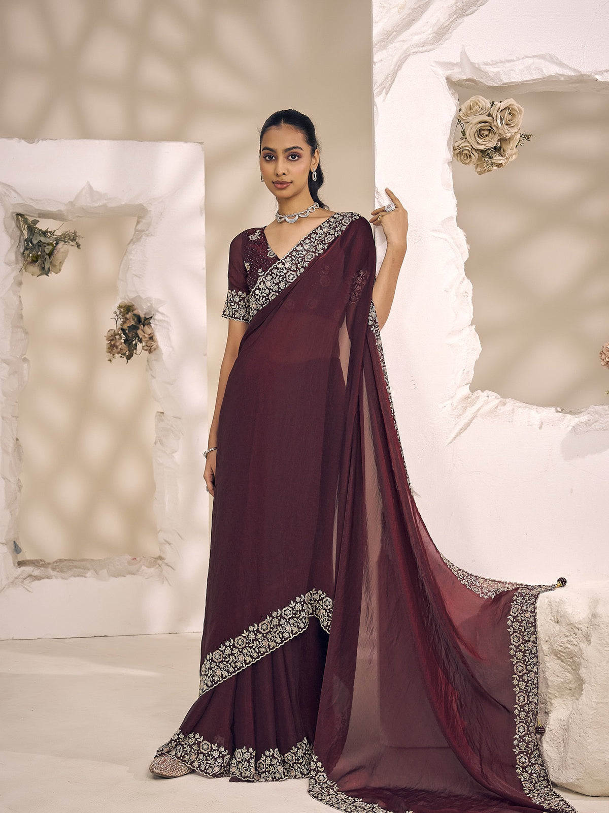 Wine satin silk saree view 3