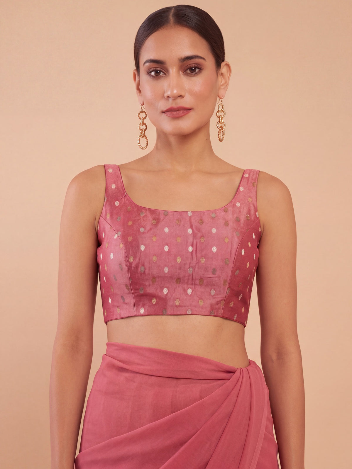 Peach zari woven georgette sleeveless readymade saree blouse with round neck view 2