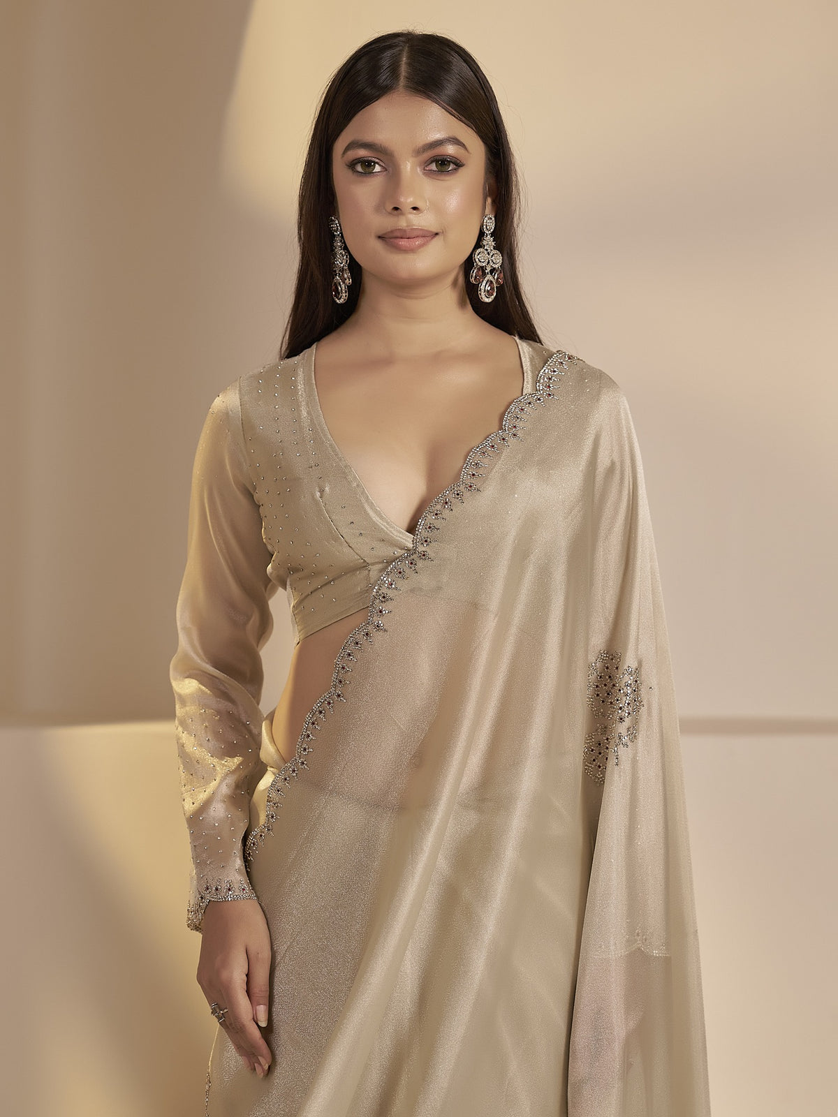 Beige organza saree view 5