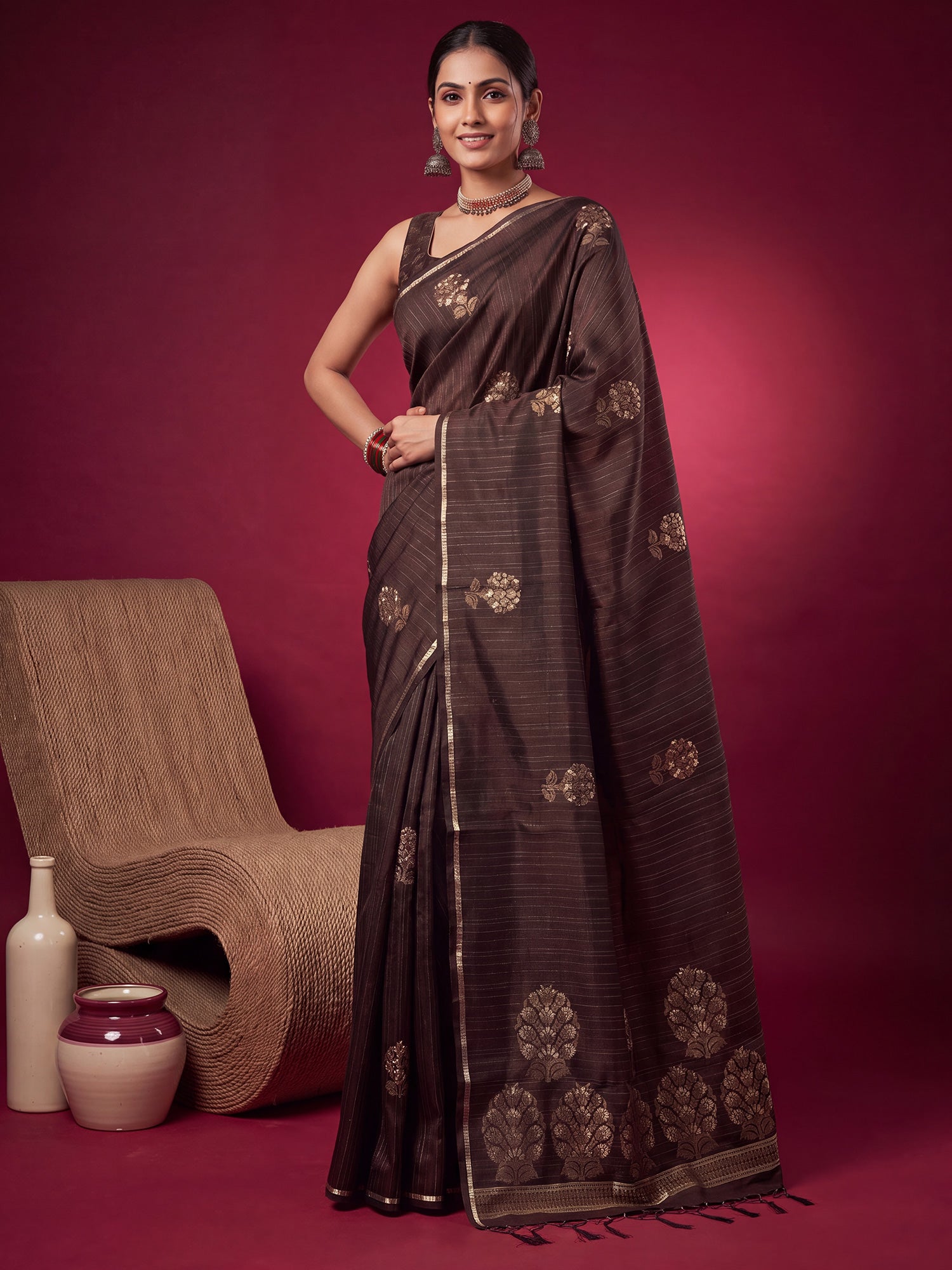 Dark Brown Satin Silk saree – detail view 3