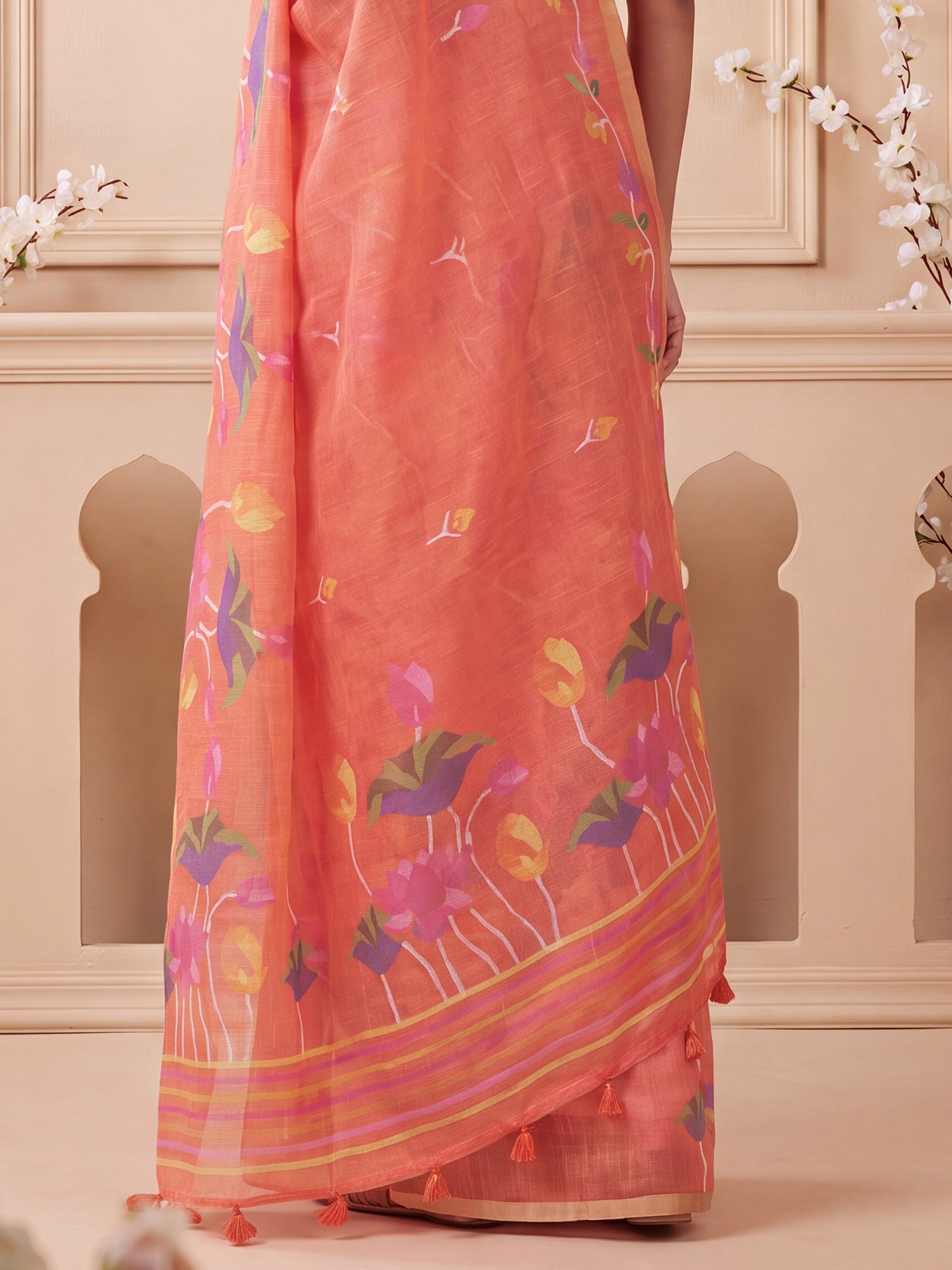 Rust Cotton Linen saree – detail view 5