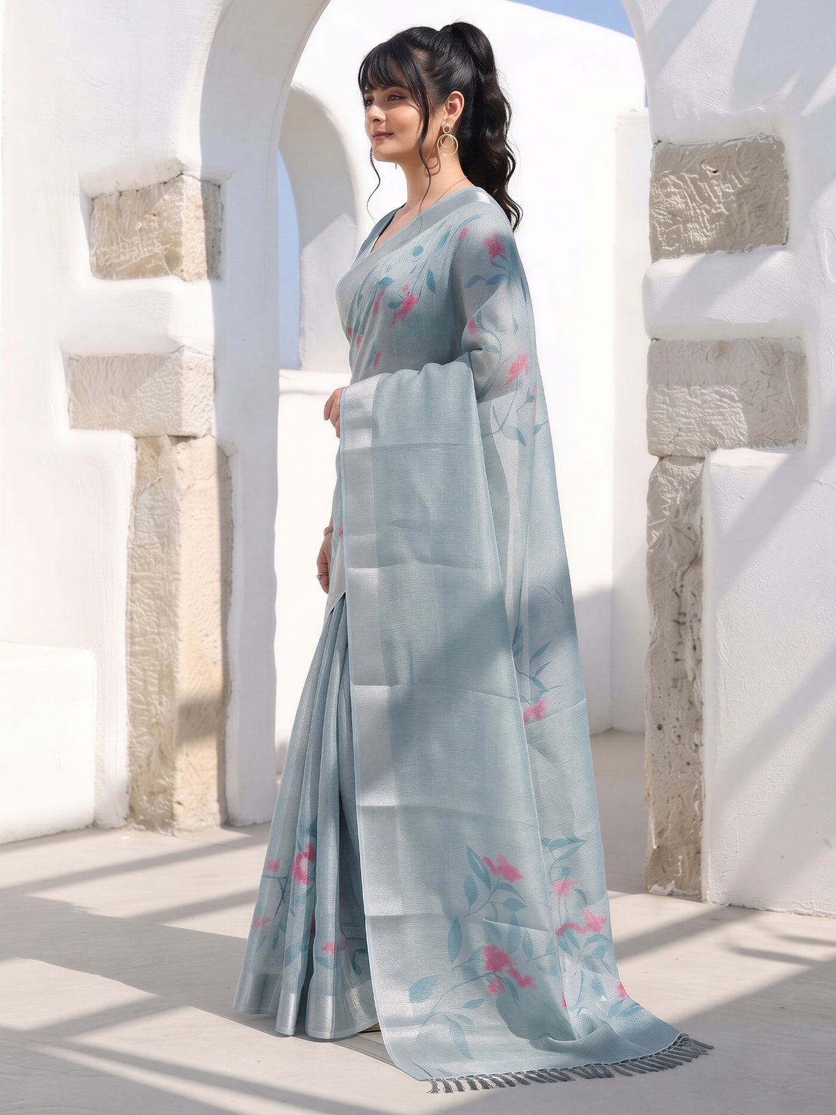 Teal Blue Cotton Silk saree – detail view 2