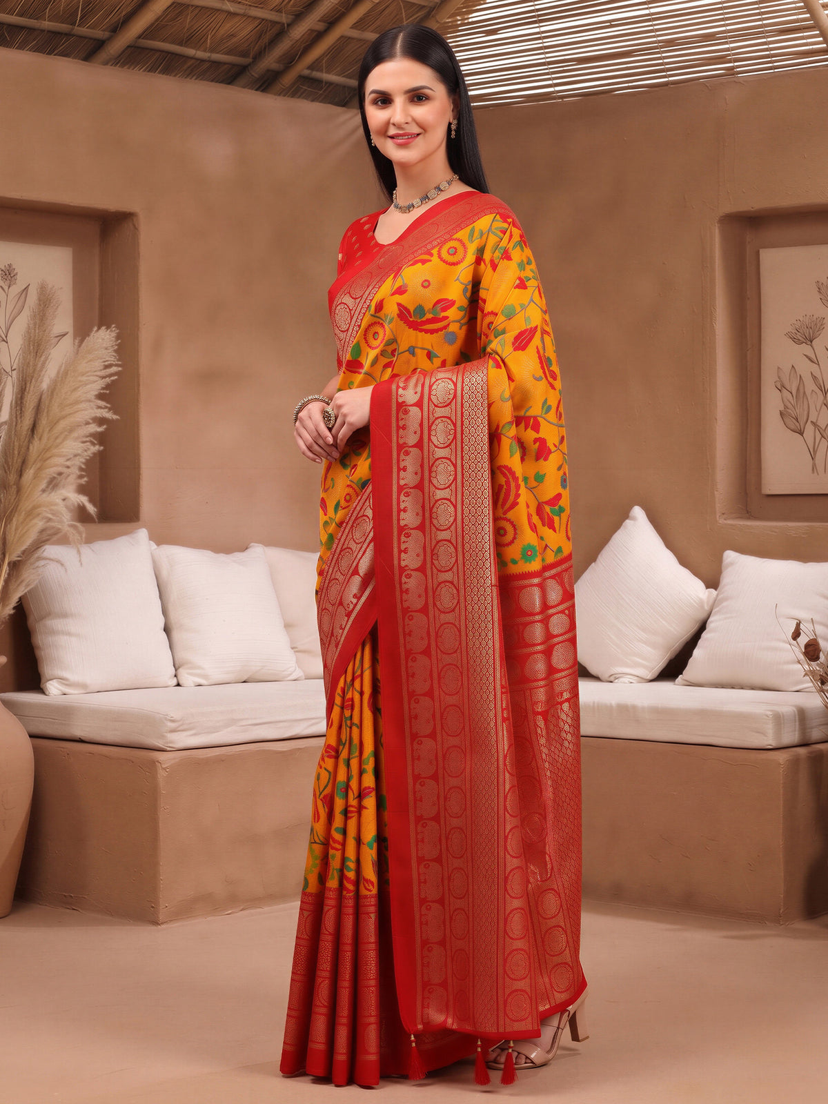 Orange Cotton Blend saree – detail view 1