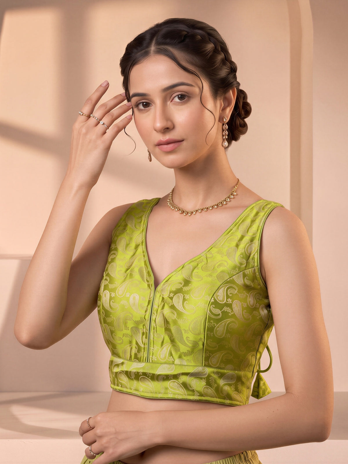 Lime Green woven brocade silk blend sleeveless readymade saree blouse with v neck view 3