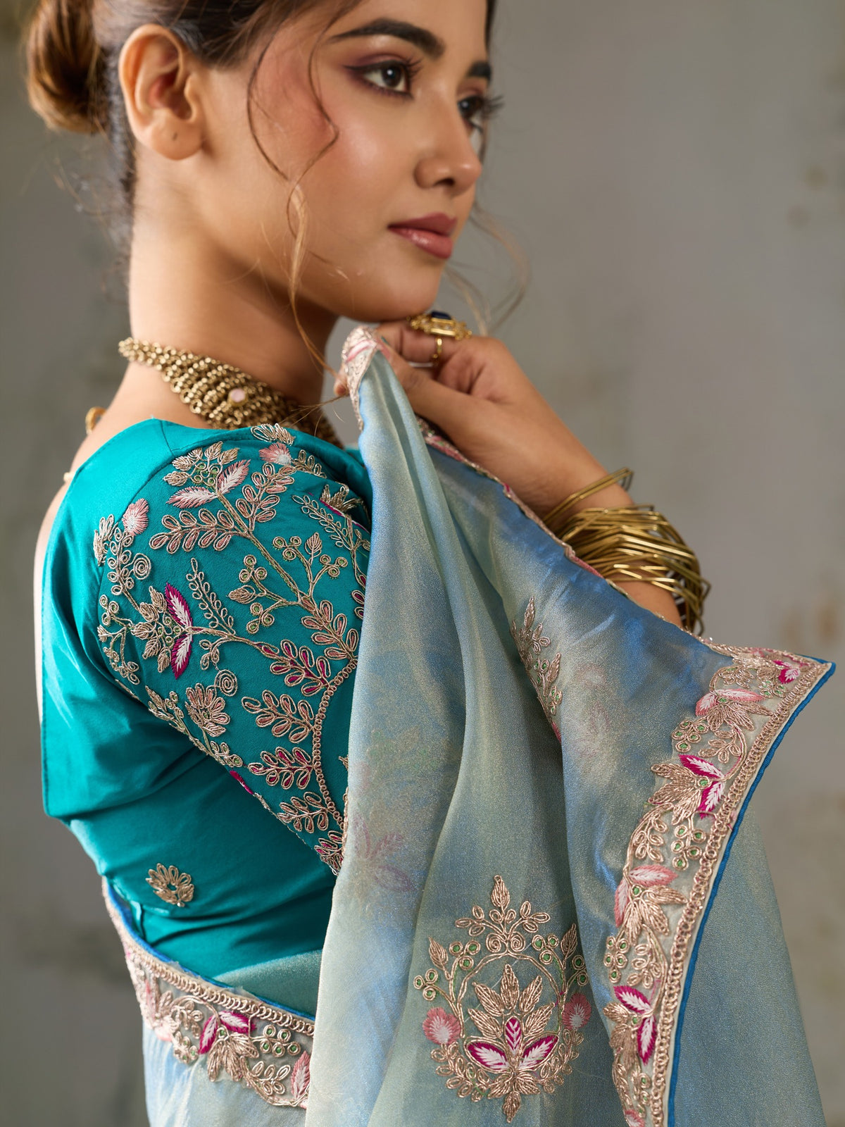 Light Blue tissue saree view 3