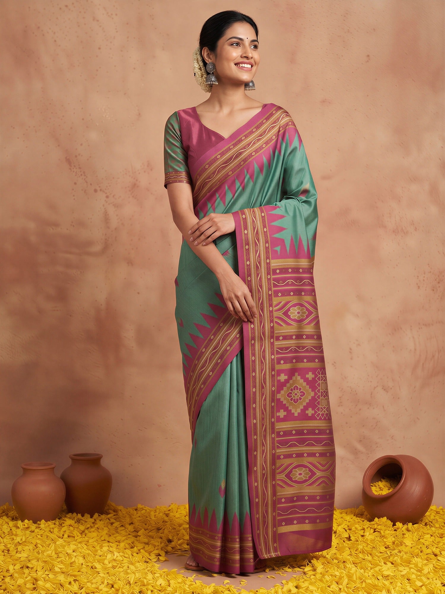 Woman wearing teal green silk blend saree with ikat resist-dyed pattern and magenta blouse