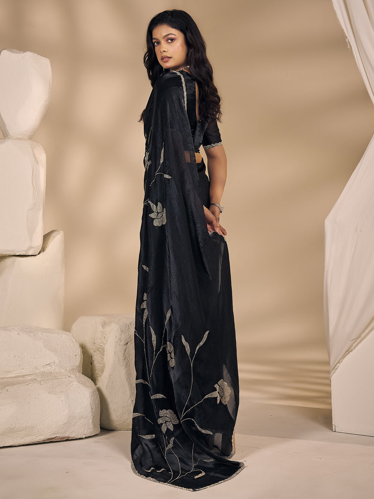 Black satin silk saree view 2