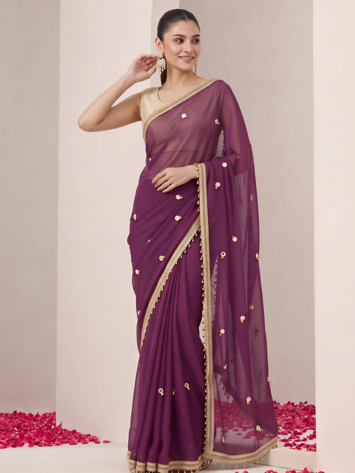 Wine poly georgette saree view 3