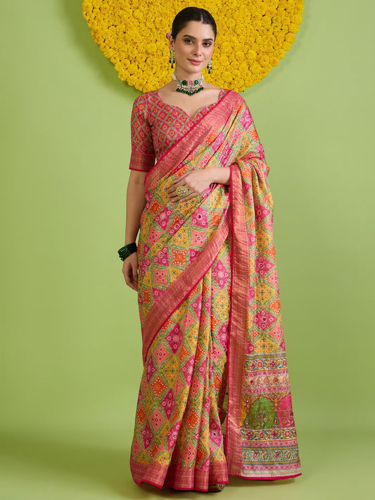 Woman wearing pink tussar silk saree with traditional indian motif work and pink blouse