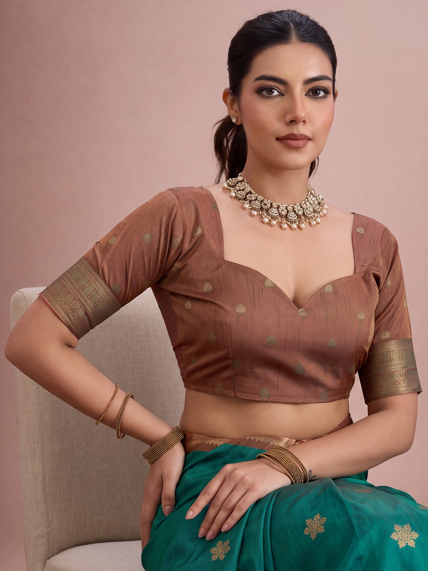 Unstitched brown tussar silk blouse piece with ethnic motif design