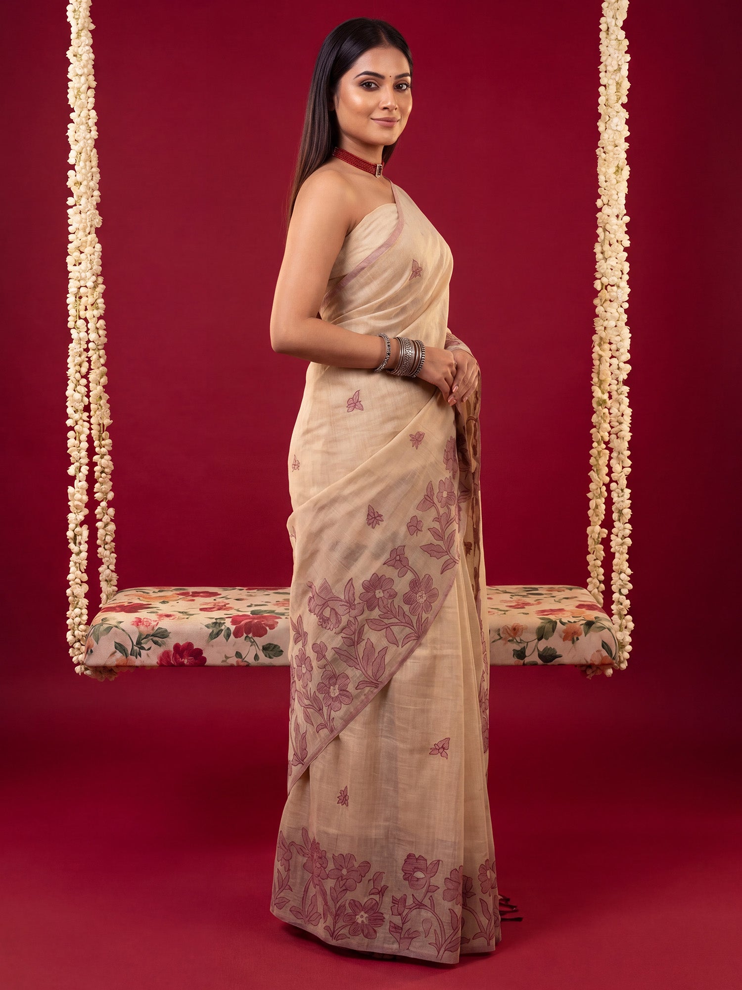 Cream Chanderi Cotton saree – detail view 2