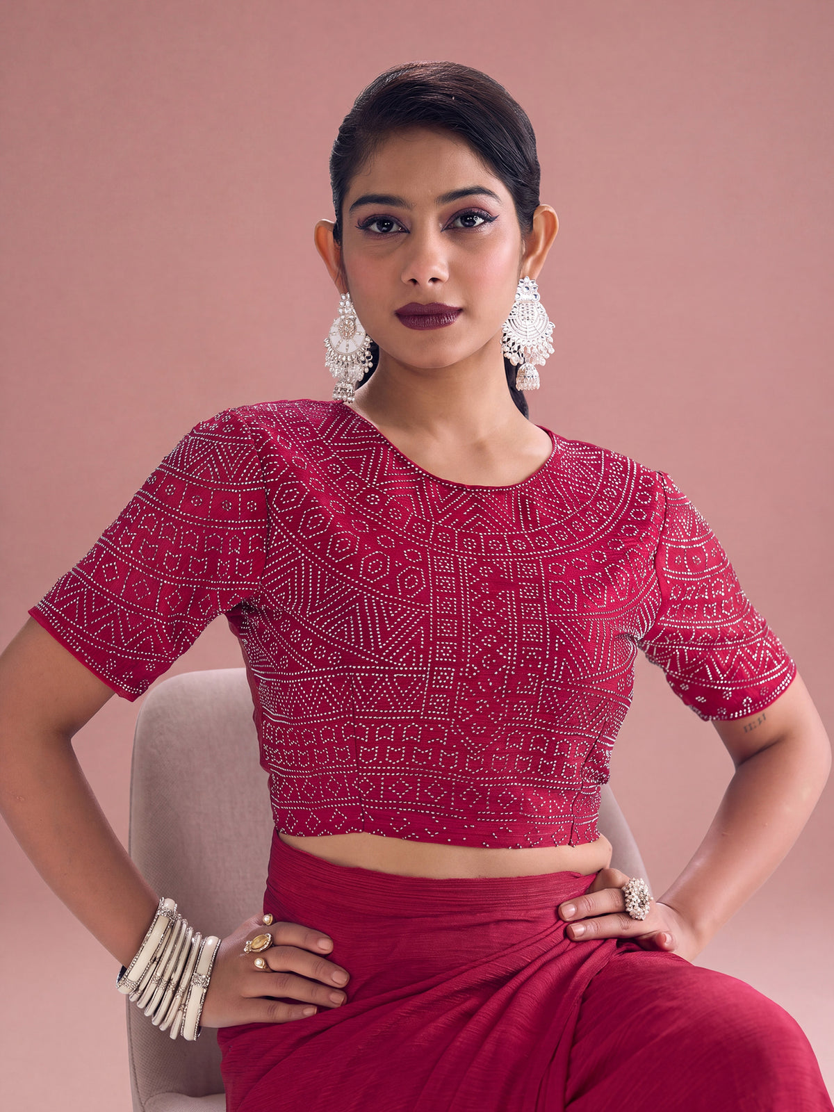 Unstitched pink satin silk blouse piece with embellished design