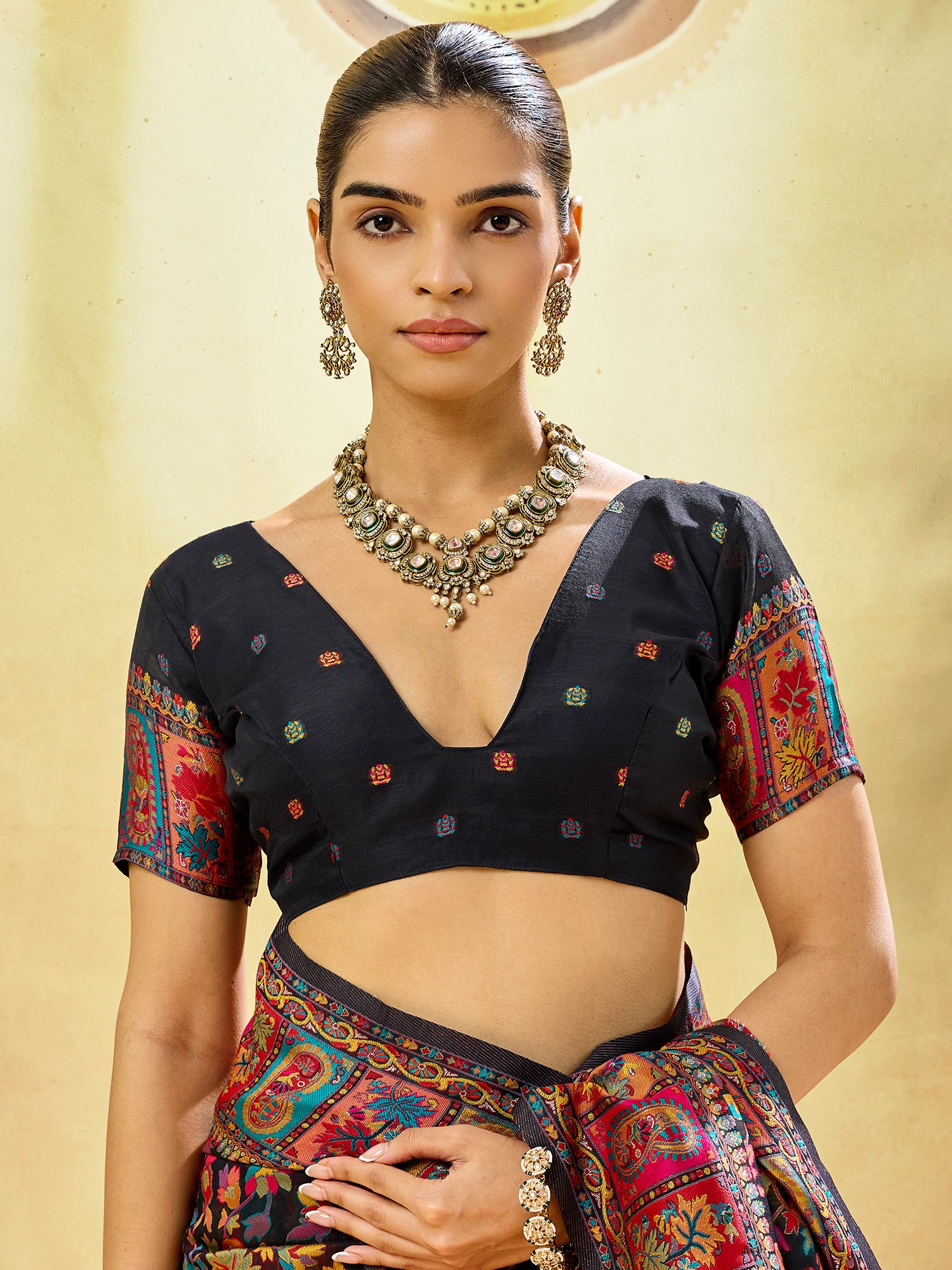 Unstitched black muga cotton blouse piece with woven design design