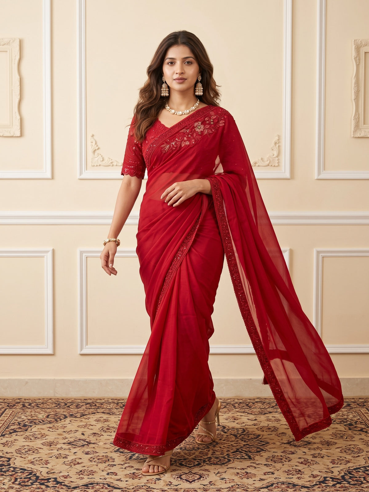 Woman wearing red satin saree with embroidered motif work and red blouse