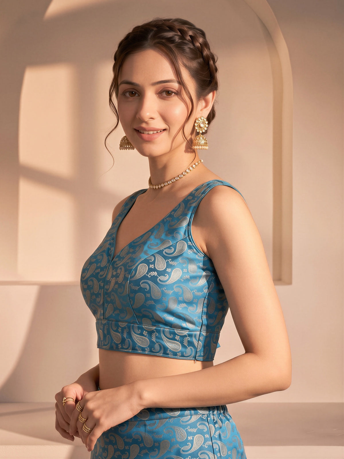 Teal woven brocade silk blend sleeveless readymade saree blouse with v neck view 2
