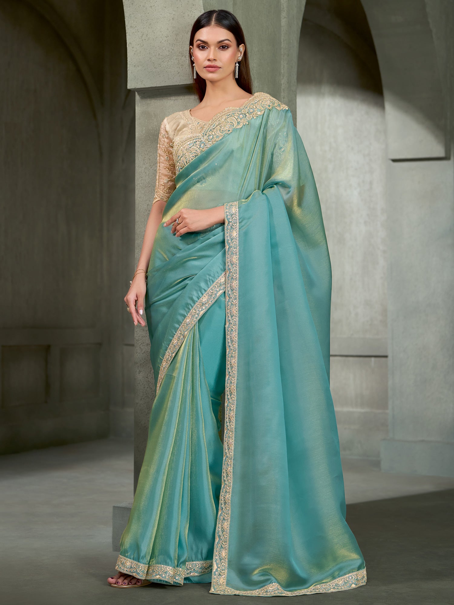 Woman wearing light blue tissue saree with embroidered motif work and off white blouse