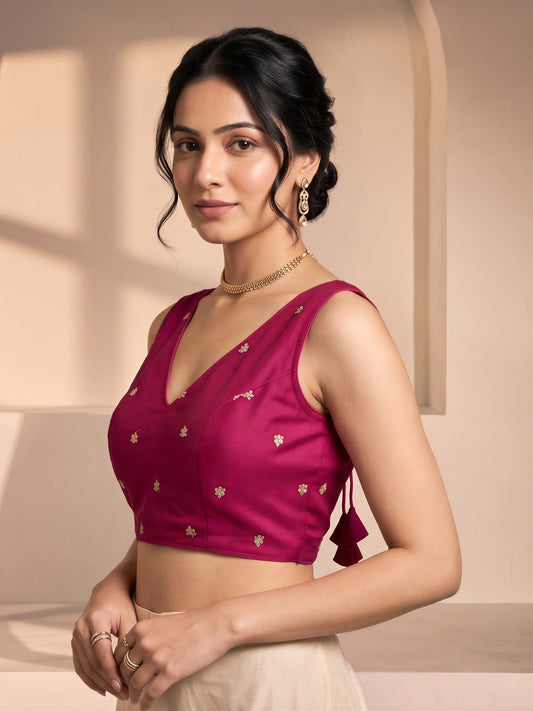 Pink sequin embellished vichitra silk sleeveless readymade saree blouse with v neck