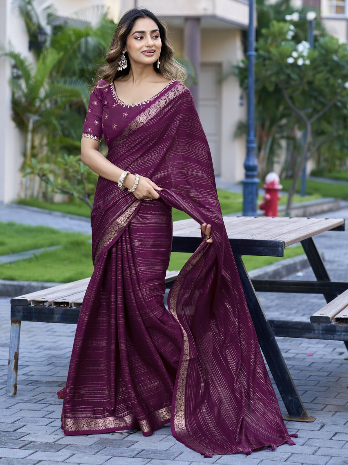 Wine jacquard saree view 4