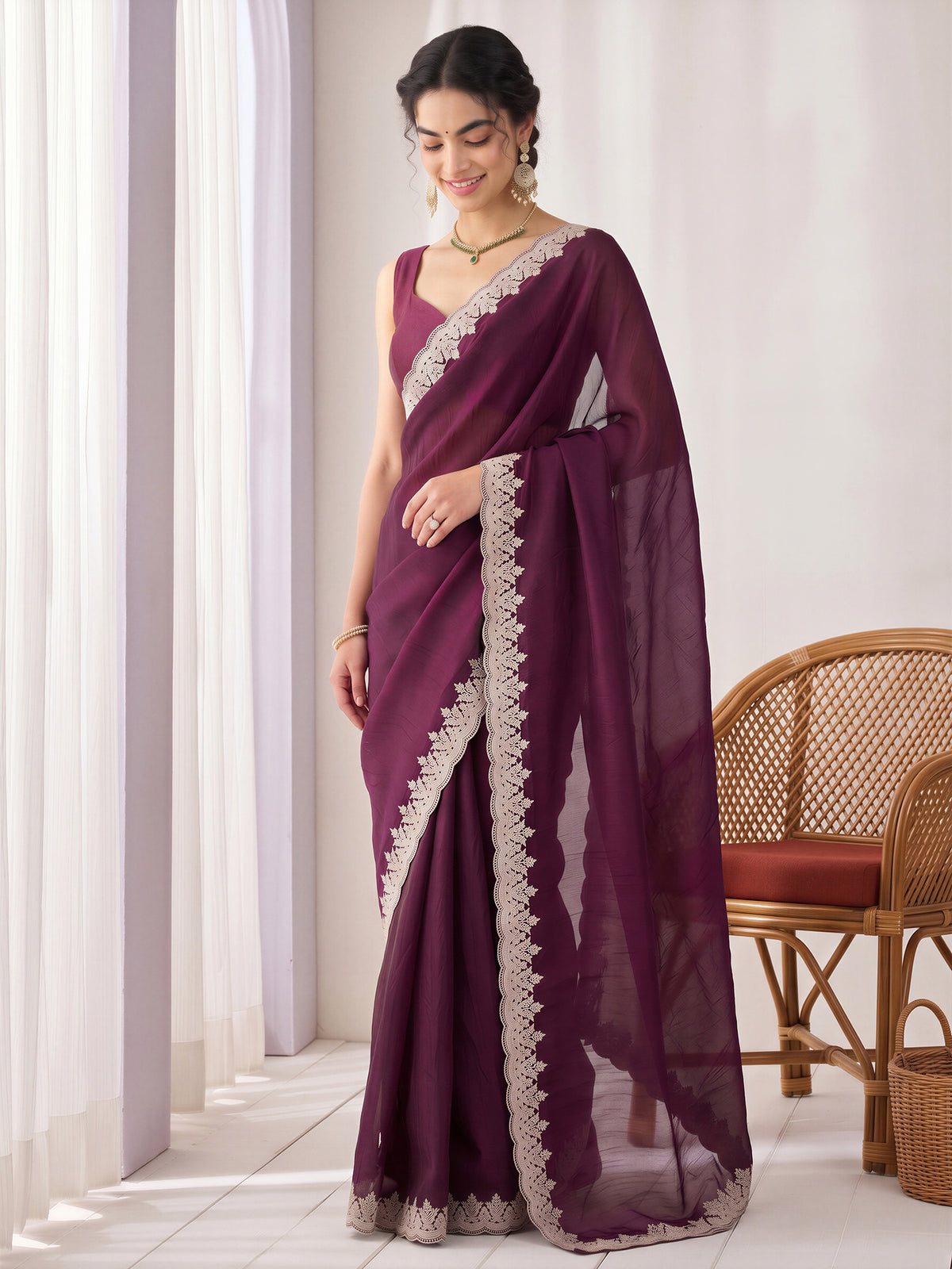 Wine Satin saree – detail view 3
