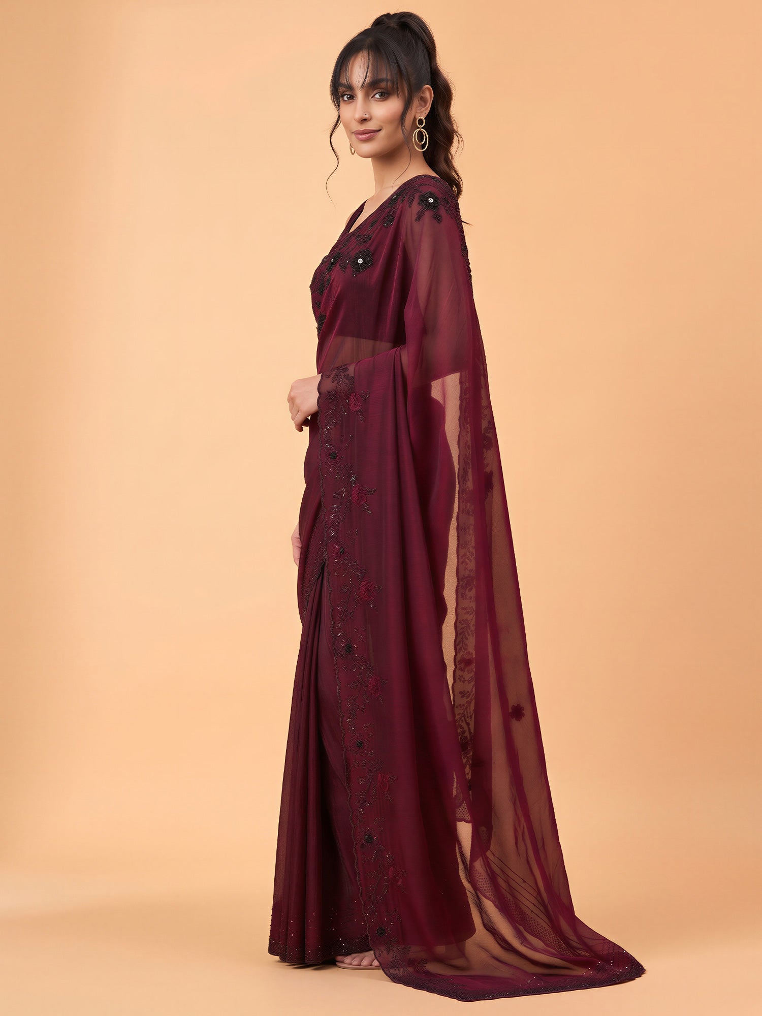 Maroon Satin Silk saree – detail view 2