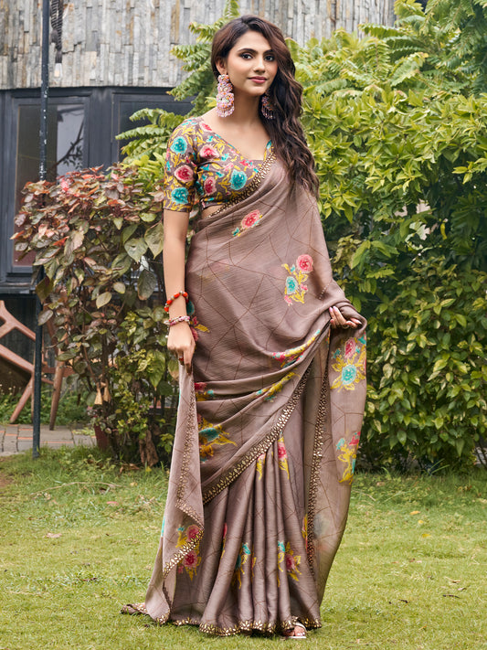 Woman wearing light brown chiffon saree with metallic foil print work and multicolored blouse