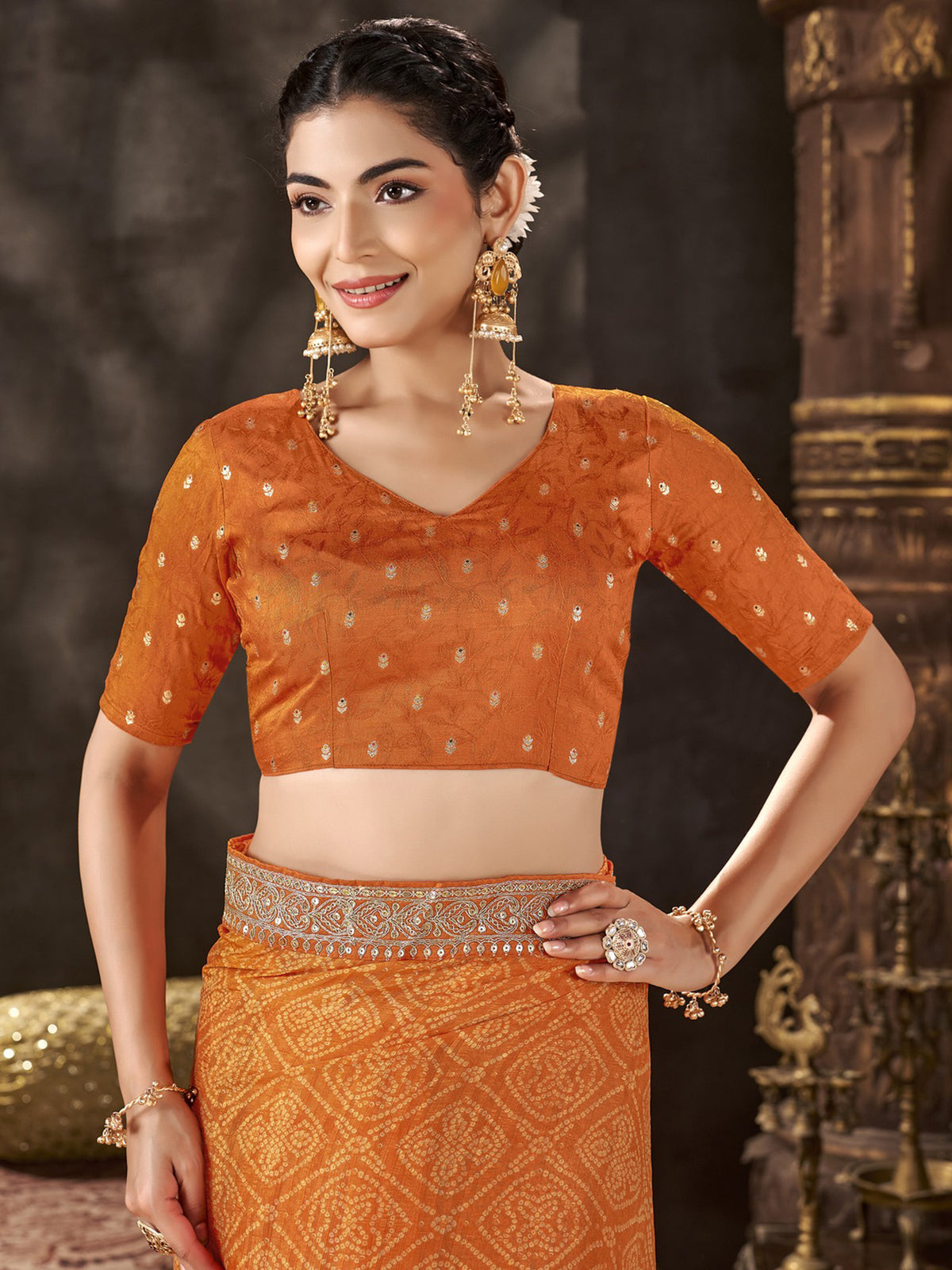 Orange Chiffon saree – detail view 2