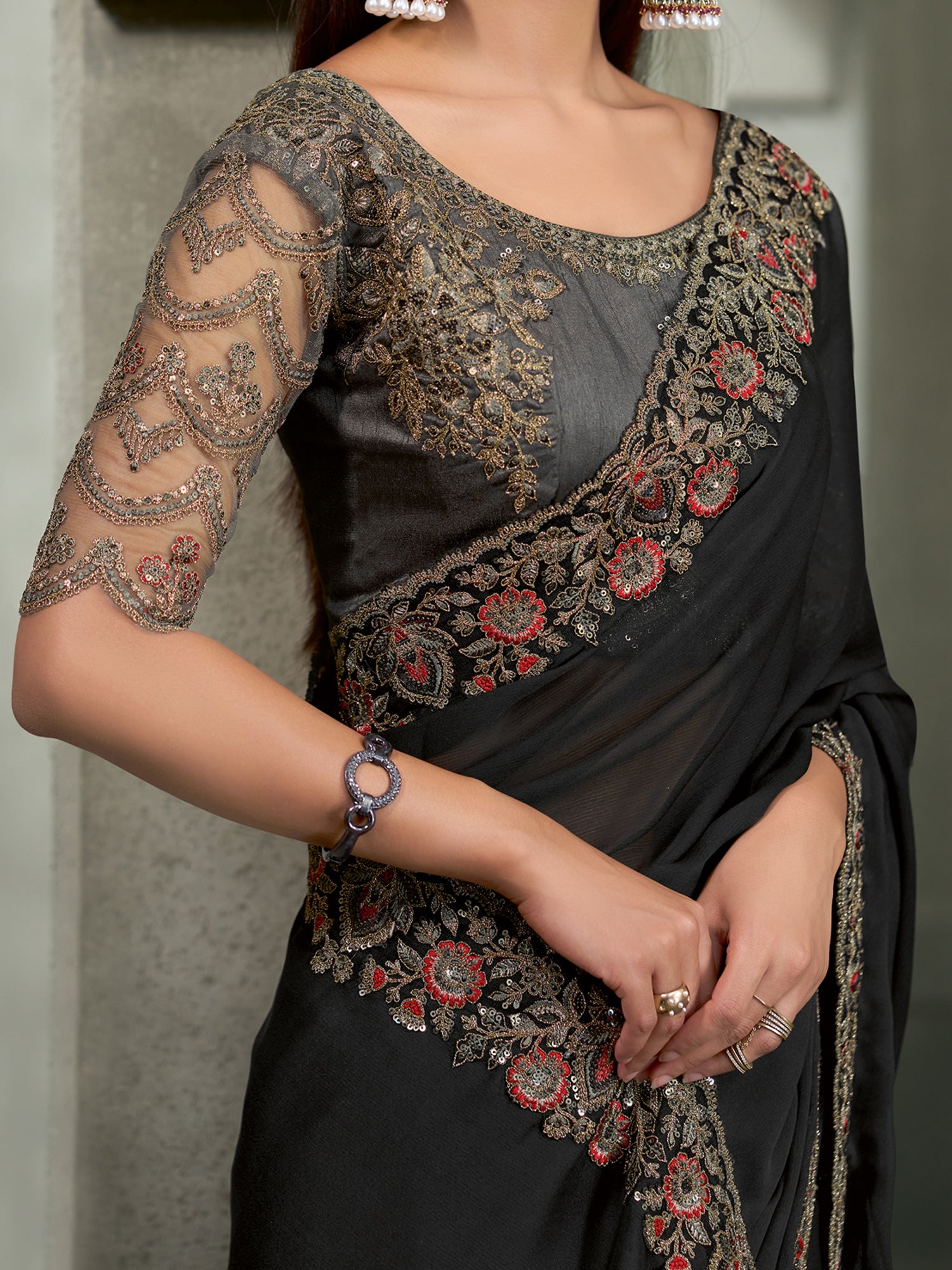 Black Chiffon saree – detail view 3