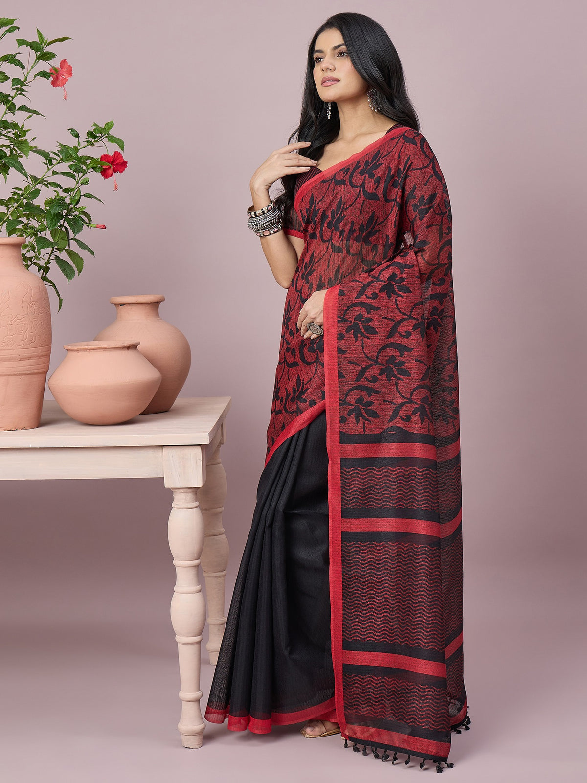Black cotton slub saree view 3