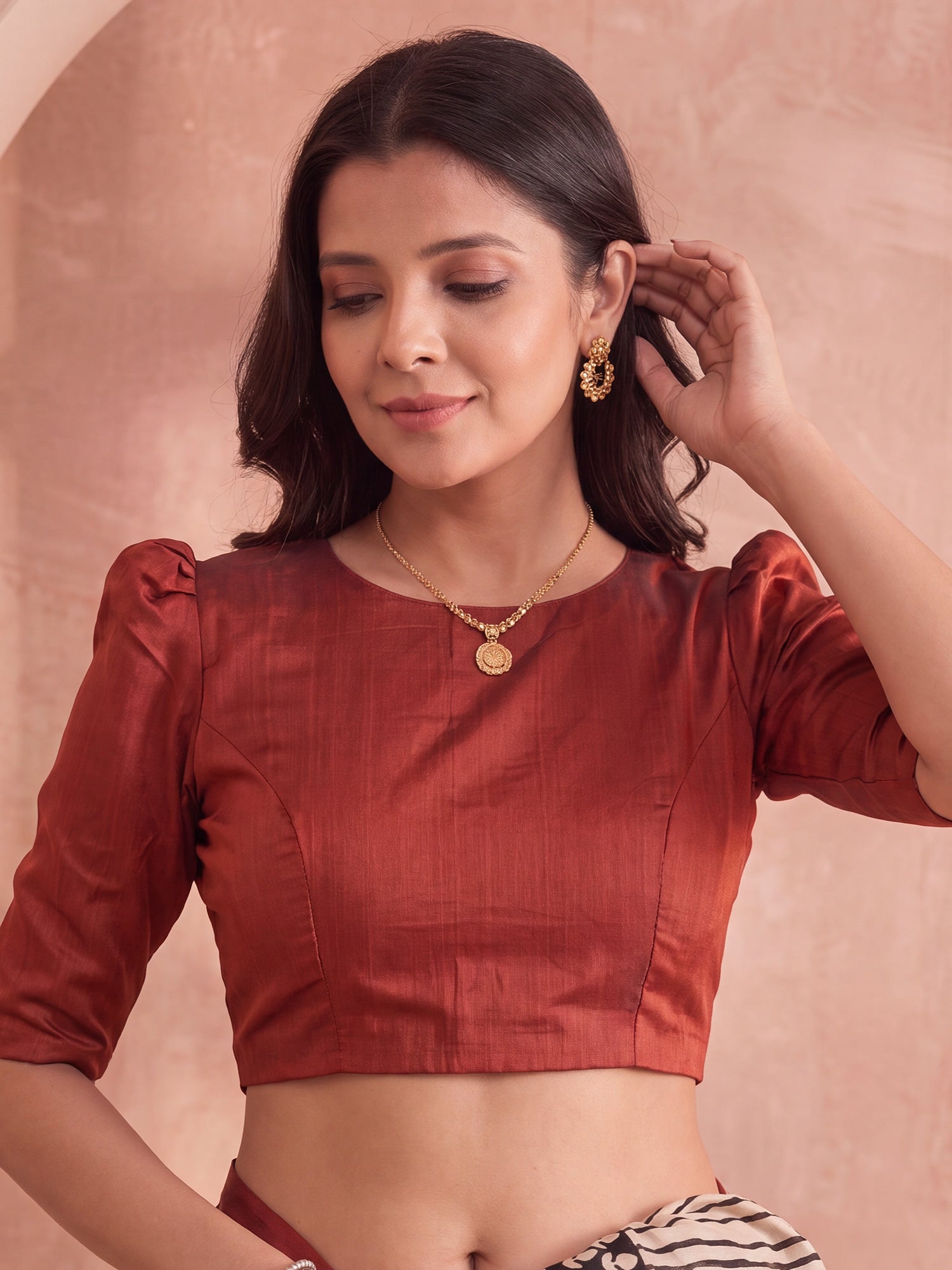 Unstitched brown bhagalpuri silk blouse piece with solid design