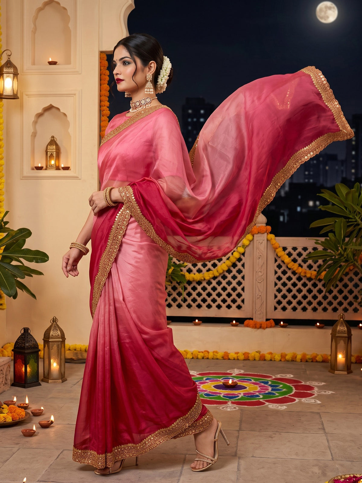 Red Satin saree – detail view 1