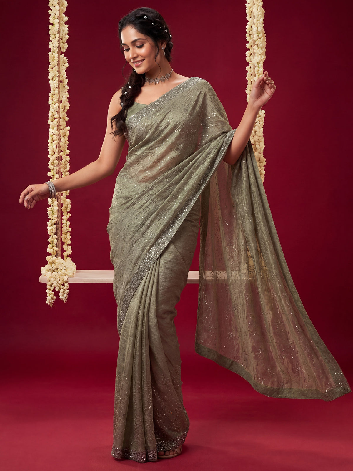 Olive Tissue saree – detail view 3