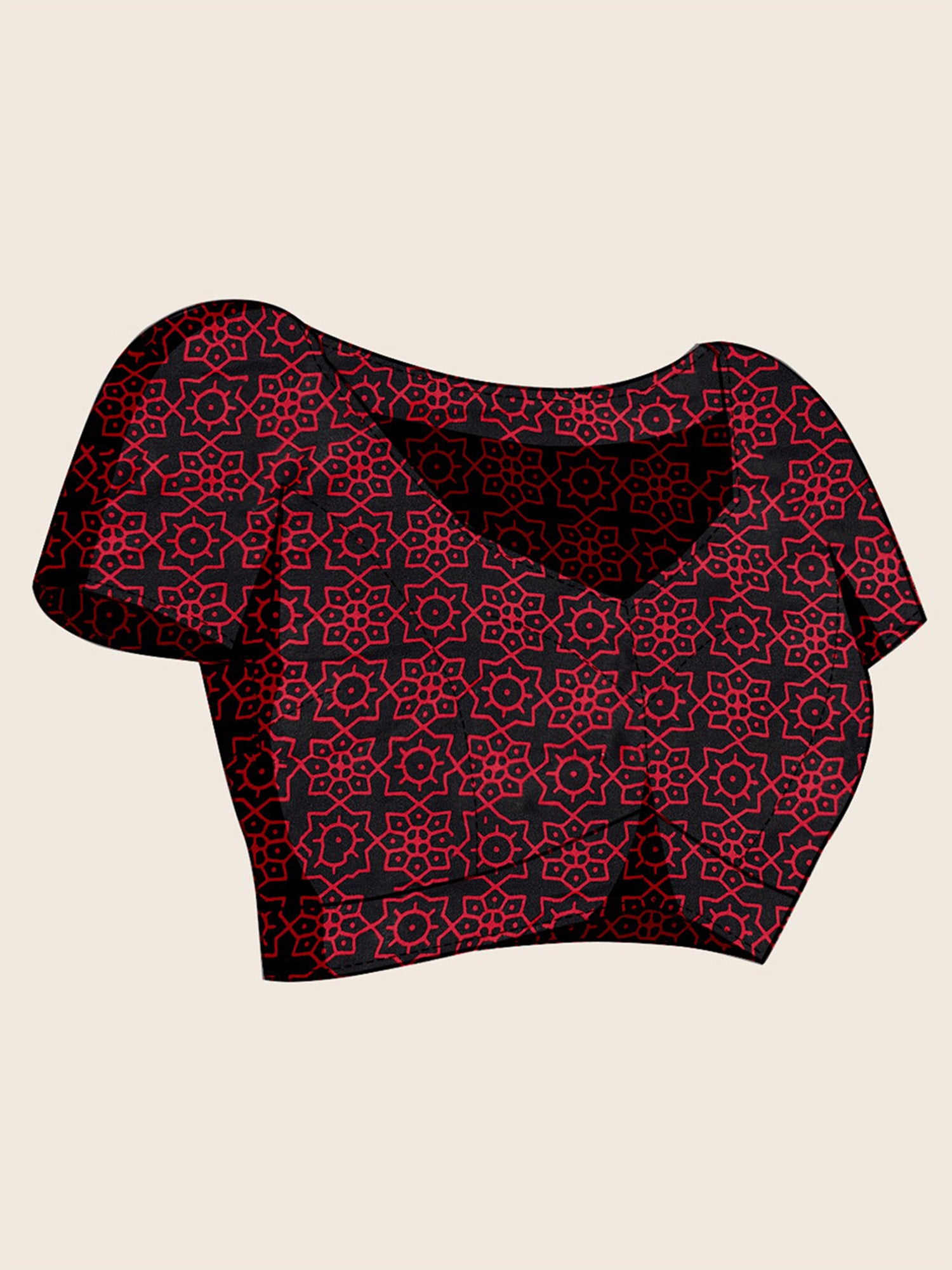 Unstitched black satin blouse piece with ajrak design