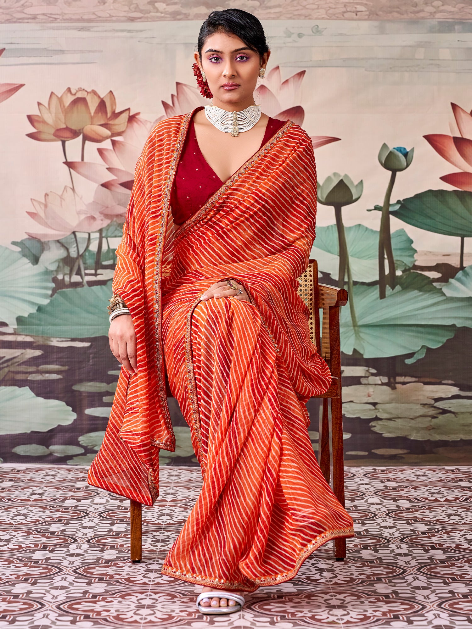 Orange Georgette saree – detail view 2
