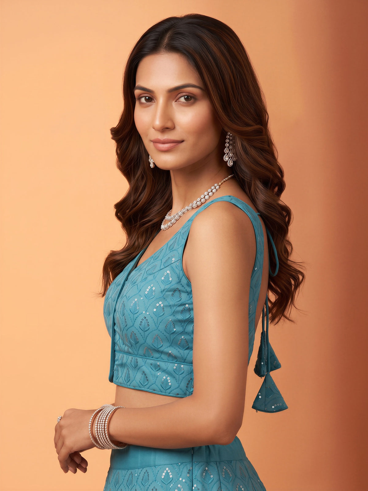 Turquoise Blue sequin embroidered georgette sleeveless readymade saree blouse with sweetheart neck view 2
