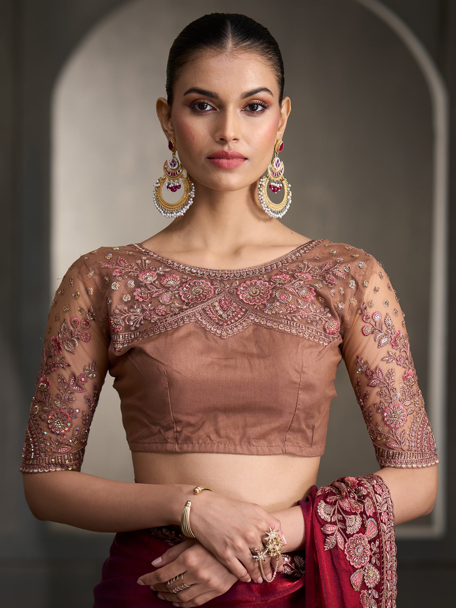 Unstitched nude tussar silk blouse piece with embellished design