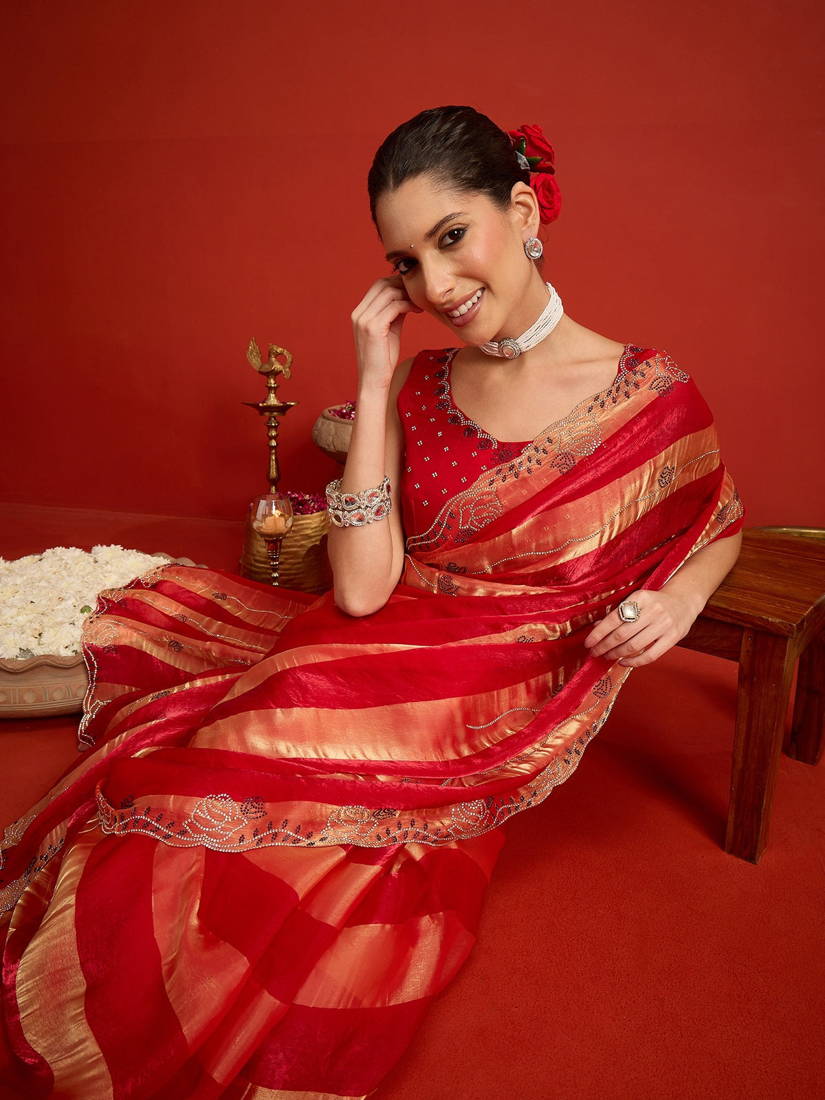 Red Satin Silk saree – detail view 3