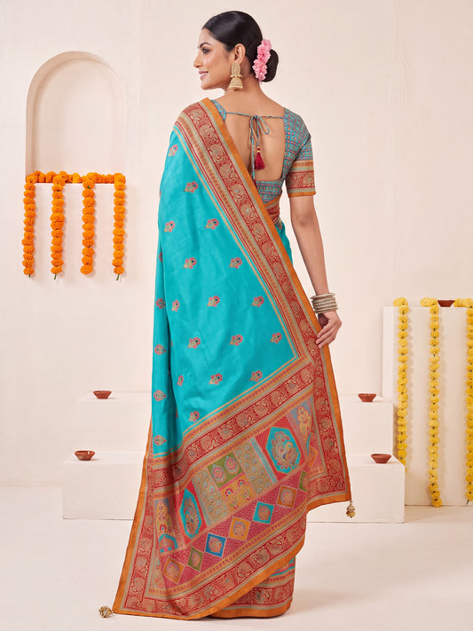 Turquoise Blue Silk Blend saree – detail view 1