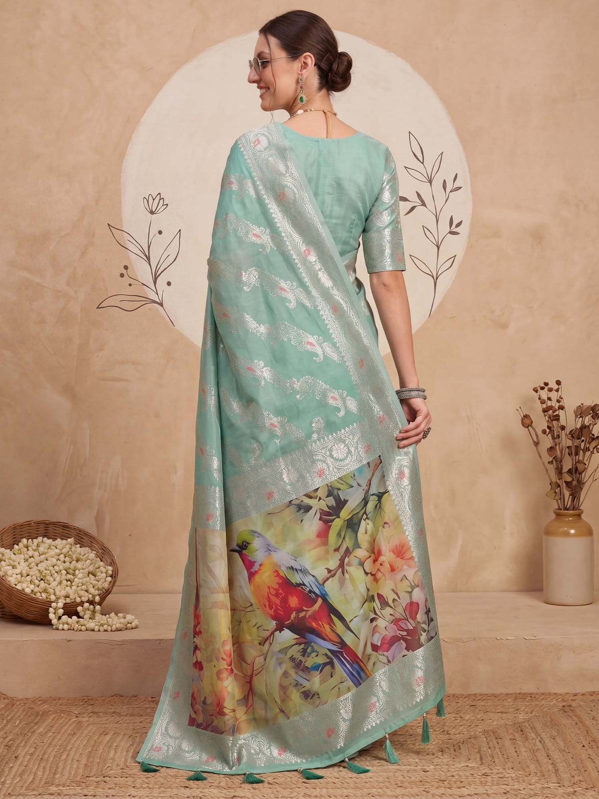 Turquoise Organza saree – detail view 1