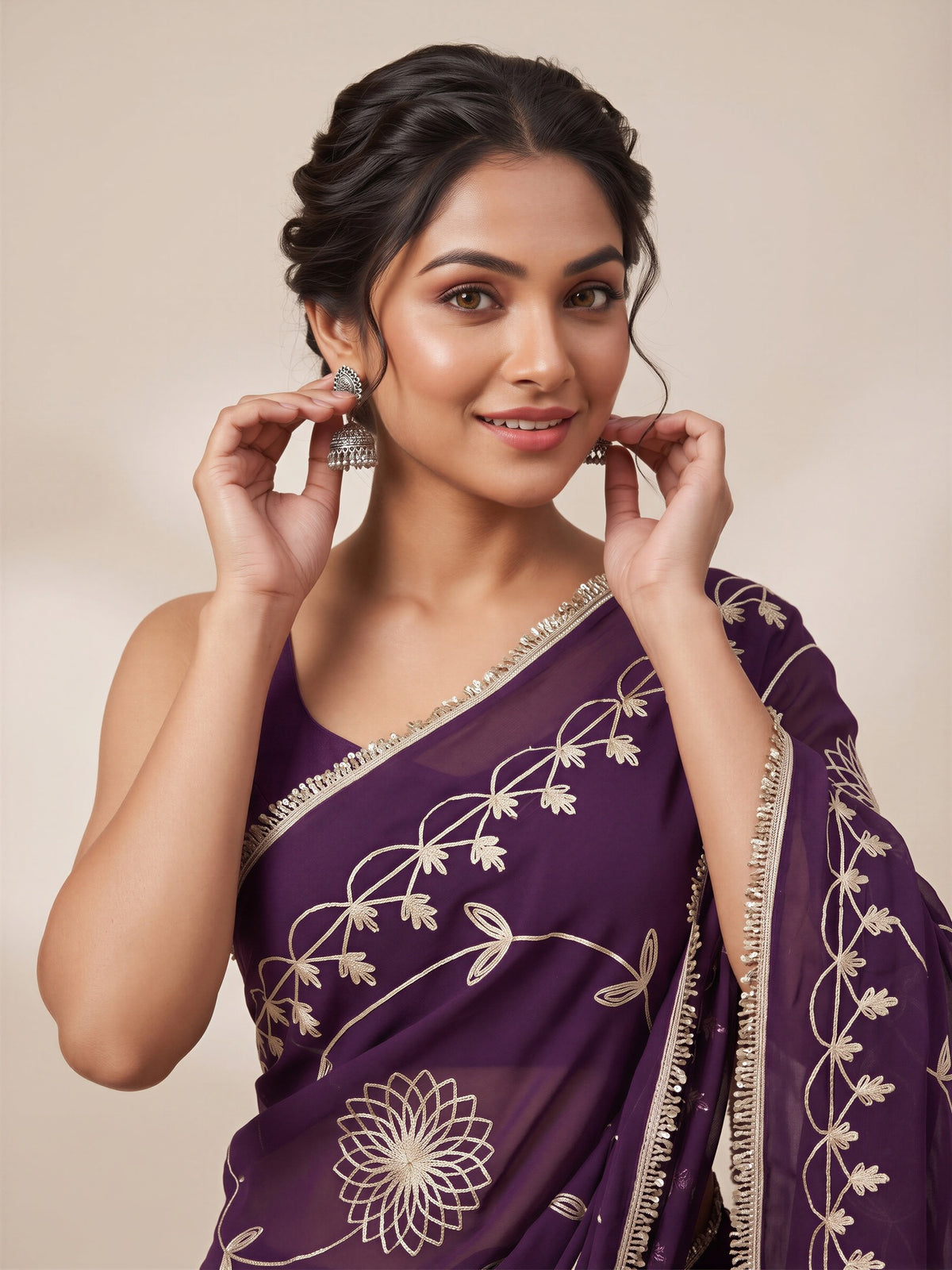 Wine Georgette saree – detail view 4