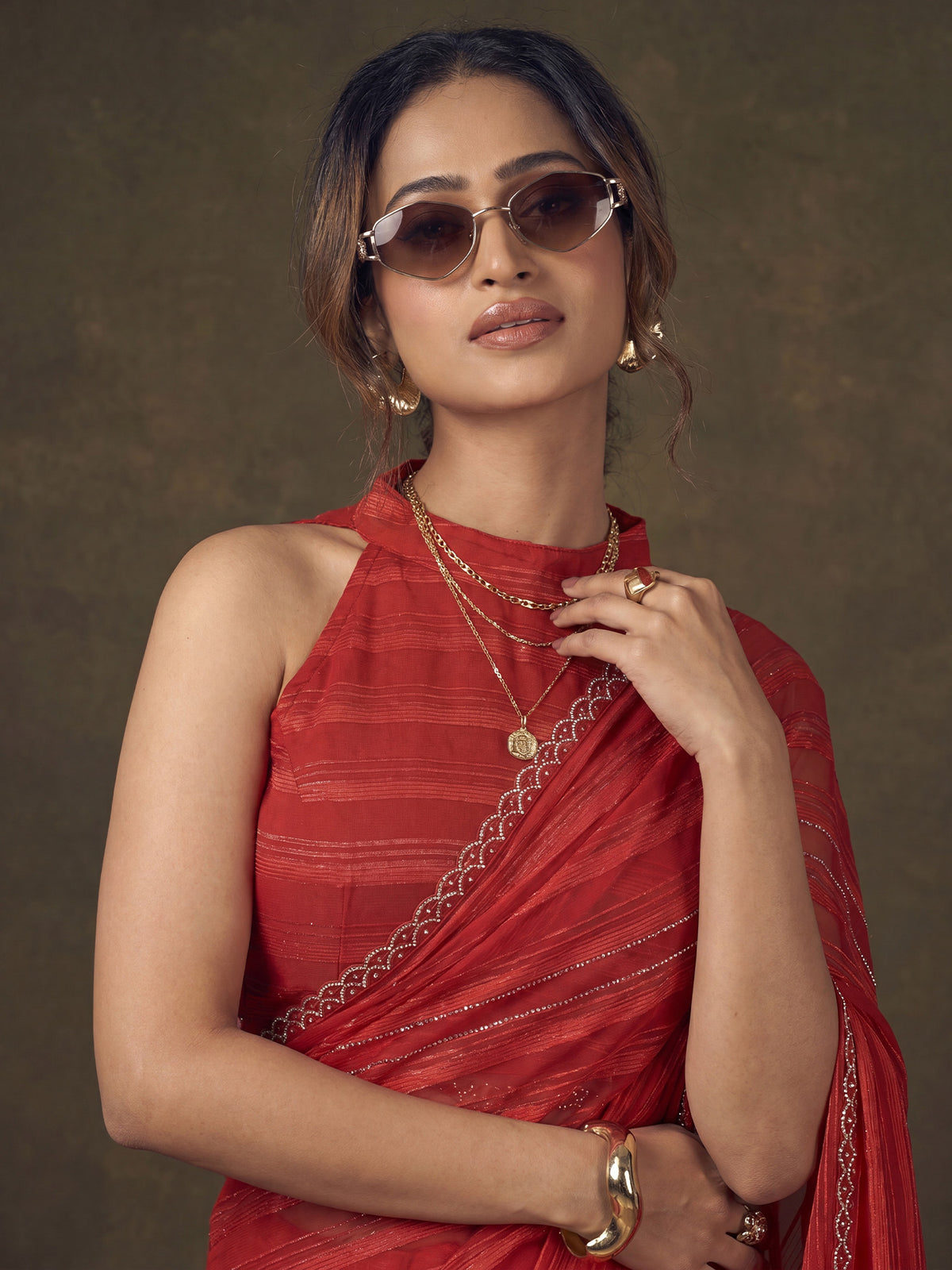 Red Georgette saree – detail view 3