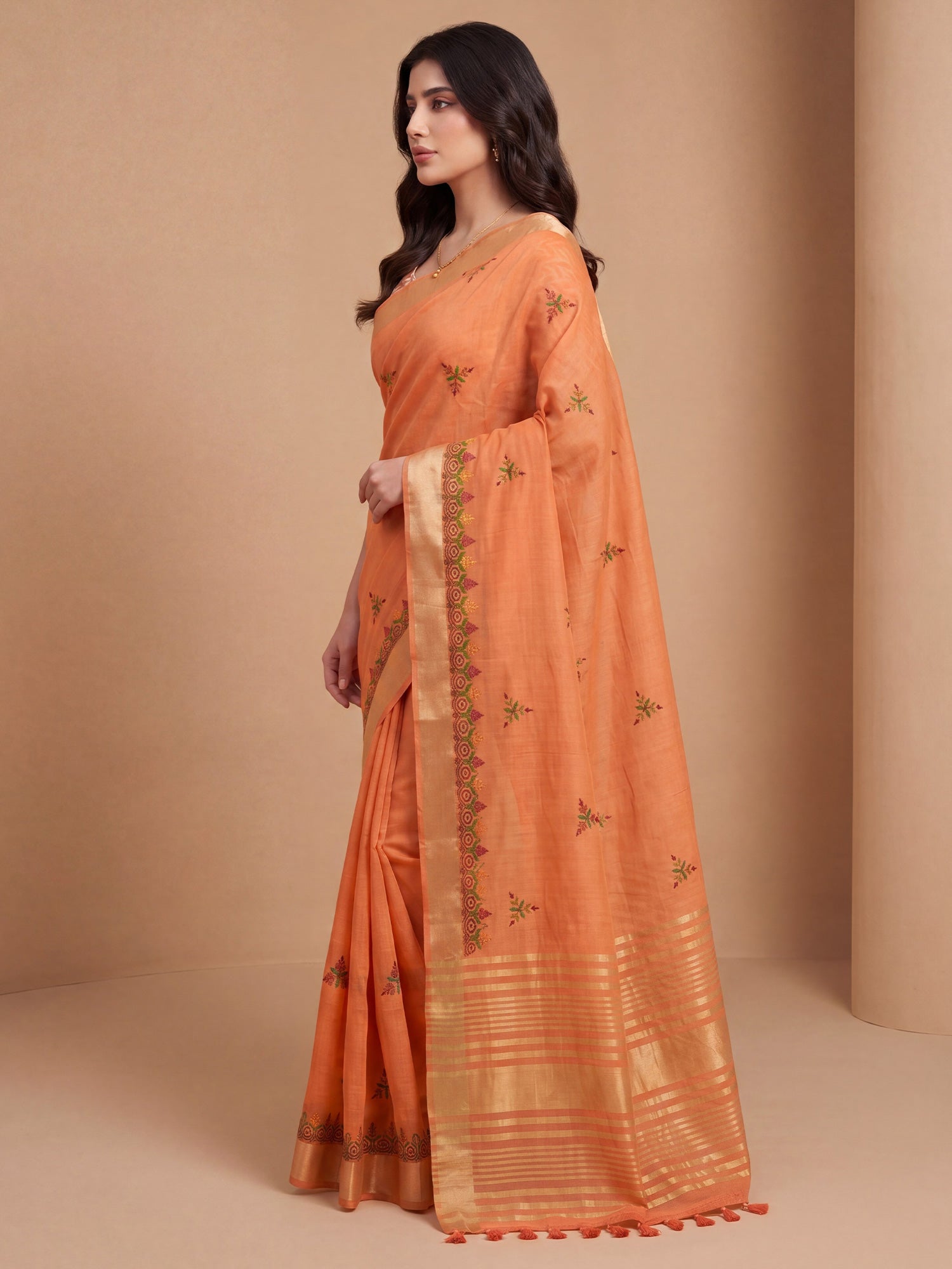 Orange Cotton Linen saree – detail view 2