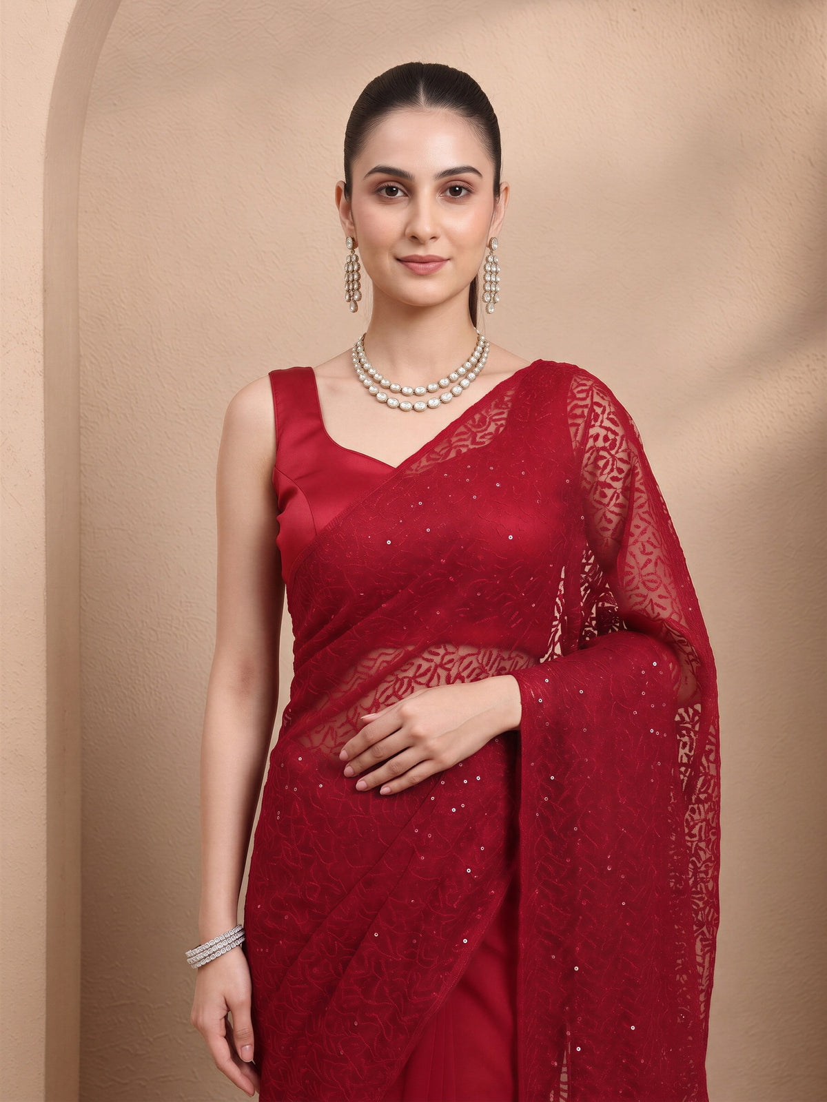 Maroon Net saree – detail view 4