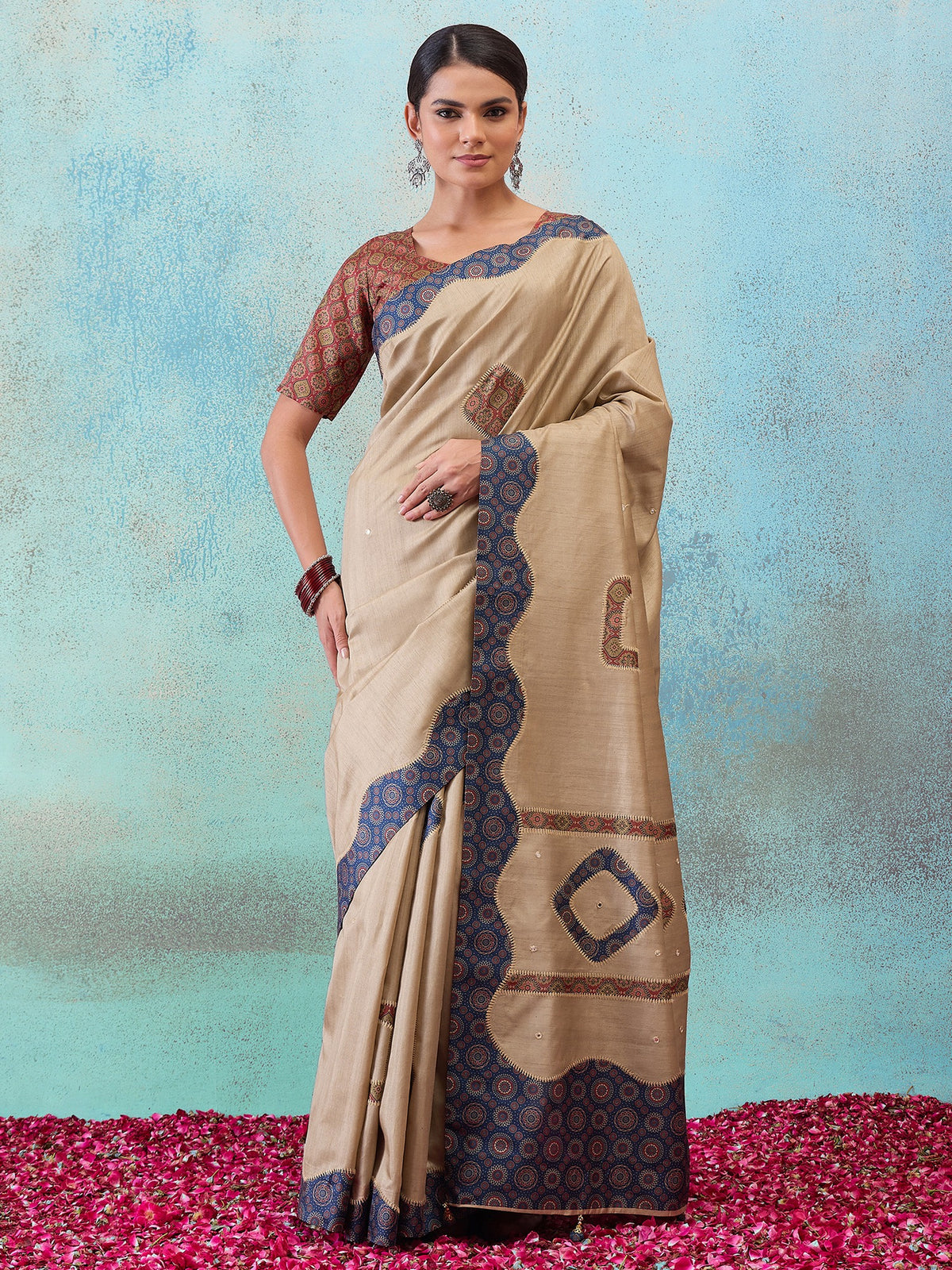 Light Brown applique silk blend saree with rust blouse piece