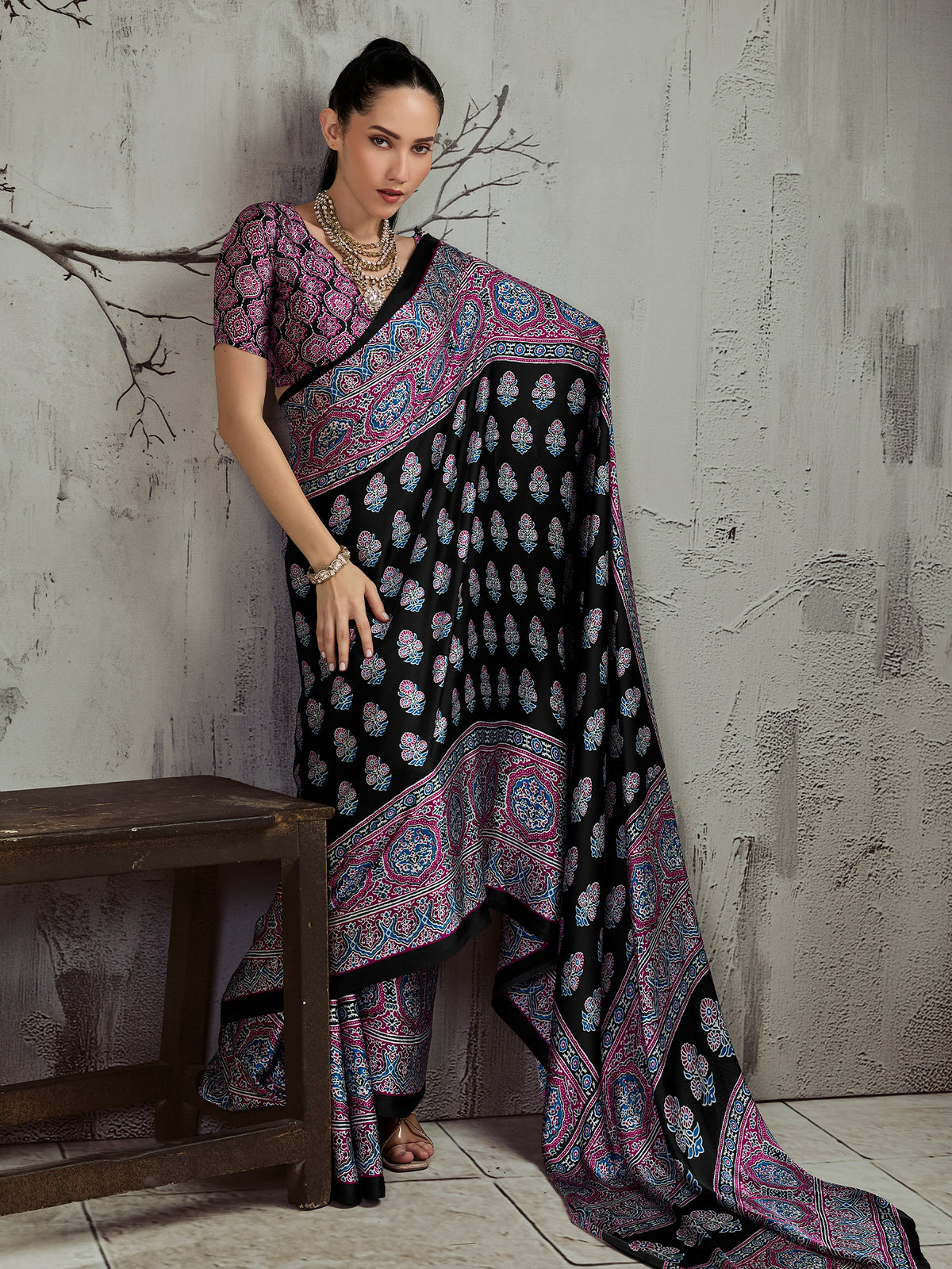 Black satin saree view 2