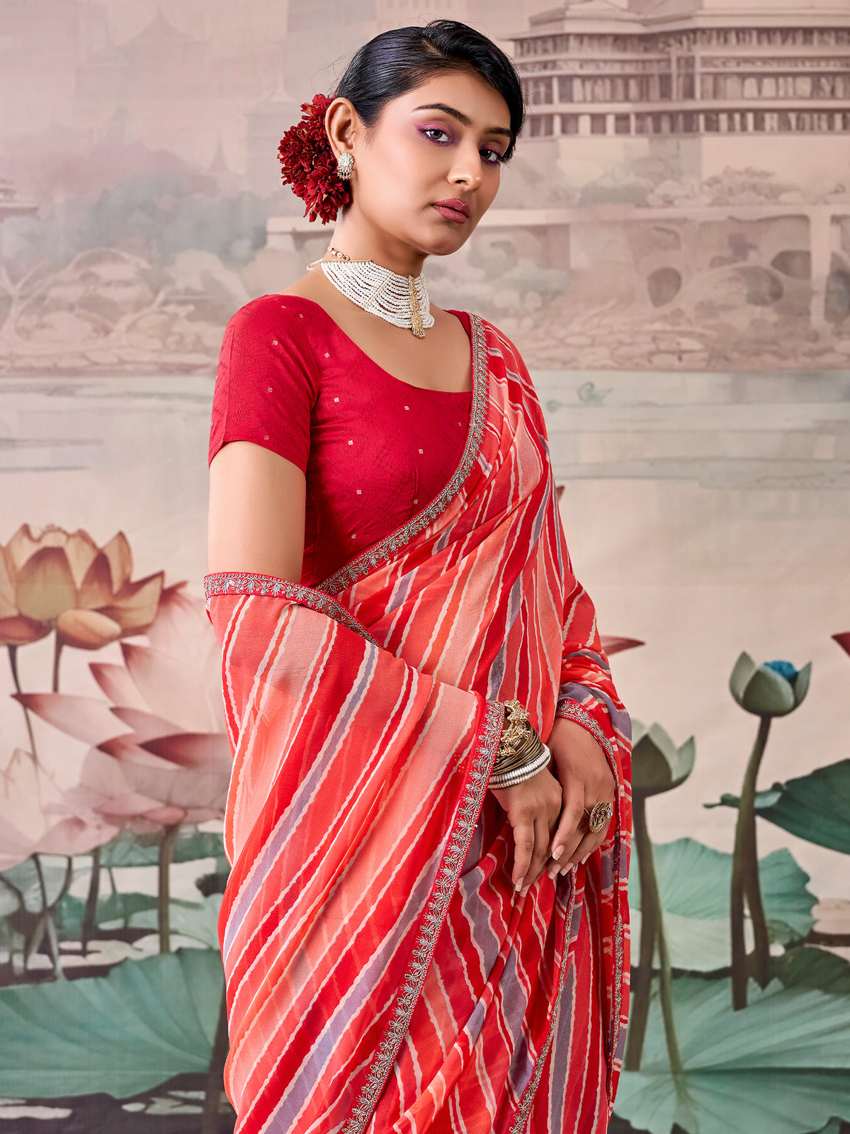 Peach Georgette saree – detail view 2